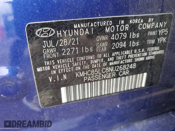 2022 Hyundai Ioniq SEL с VIN KMHC85LC8NU268248, выставлен на аукционе Copart как лот 70720355 с пробегом 57 469 миль миль и Списание • Salvage title. История ставок и продаж доступна на DreamBid. Изображение 12.