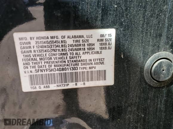 2016 Honda Pilot EX с VIN 5FNYF5H34GB011303, выставлен на аукционе Copart как лот 86148825 с пробегом 192 215 миль миль и Чистый • Clean title. История ставок и продаж доступна на DreamBid. Изображение 12.