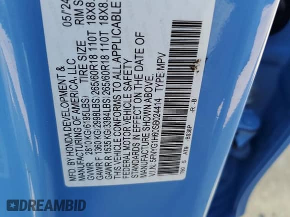 2025 Honda Pilot TrailSport with VIN 5FNYG1H60SB024414, listed as a Copart auction lot 64177415 with Not provided miles and Salvage title. Bid and sale history available at DreamBid. Image 14.