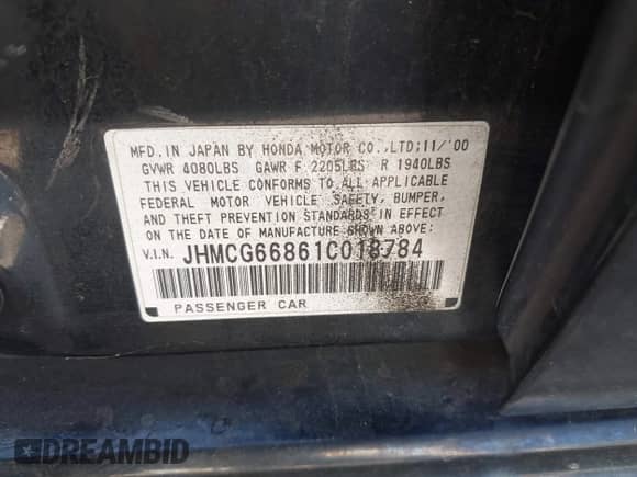 2001 Honda Accord EX with VIN JHMCG66861C018784, listed as a IAAI auction lot 42405898 with 260,816 mi miles and . Bid and sale history available at DreamBid. Image 9.