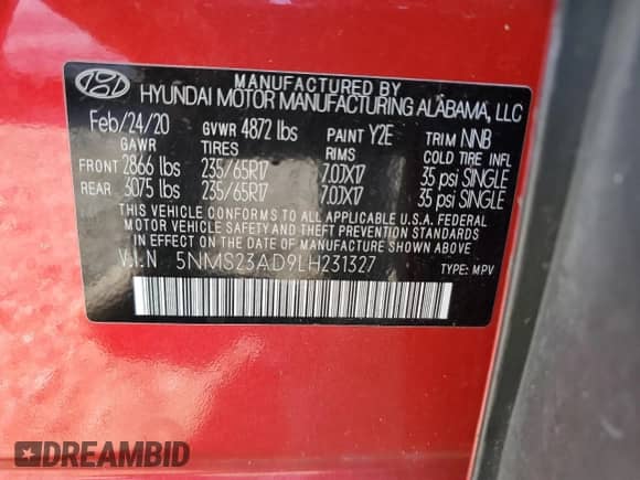 2020 Hyundai Santa Fe SE с VIN 5NMS23AD9LH231327, выставлен на аукционе Copart как лот 61499325 с пробегом 99 500 миль миль и На запчасти • Non repairable. История ставок и продаж доступна на DreamBid. Изображение 13.