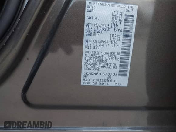 2015 Nissan Pathfinder Platinum with VIN 5N1AR2MM5FC678703, listed as a IAAI auction lot 42856269 with 356,966 mi miles and . Bid and sale history available at DreamBid. Image 9.