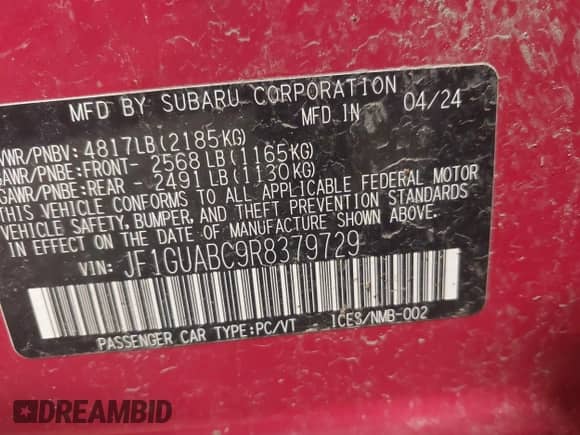 2024 Subaru Impreza z VIN JF1GUABC9R8379729, wystawiony jako IAAI lot #42551668 z przebiegiem 21 858 mil mil oraz . Historia ofert i sprzedaży dostępna na DreamBid. Obrazek 9.