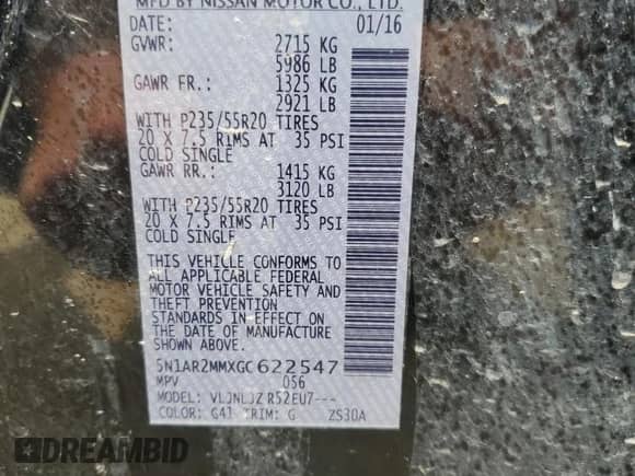 2016 Nissan Pathfinder Platinum with VIN 5N1AR2MMXGC622547, listed as a Copart auction lot 60493925 with 103,367 mi miles and Non repairable. Bid and sale history available at DreamBid. Image 13.