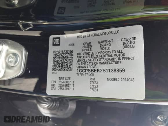 2025 Chevrolet Colorado 2WD Work Truck with VIN 1GCPSBEK2S1138859, listed as a IAAI auction lot 43092596 with 1,807 mi miles and . Bid and sale history available at DreamBid. Image 9.