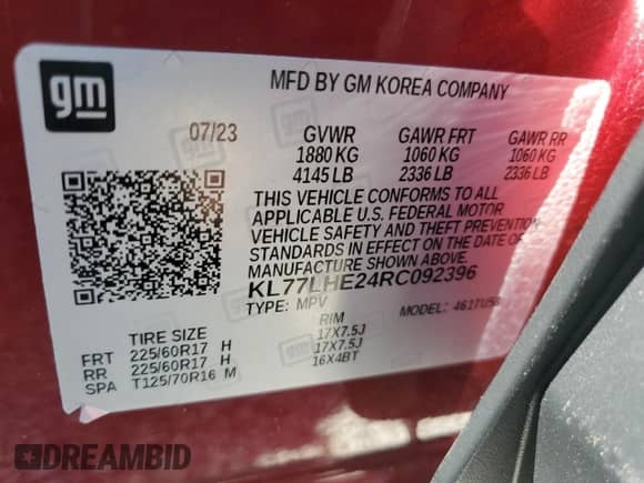 2024 Chevrolet Trax LT with VIN KL77LHE24RC092396, listed as a Copart auction lot 68951315 with 5,905 mi miles and Salvage title. Bid and sale history available at DreamBid. Image 13.