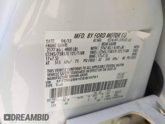 2013 Ford F-250 XL с VIN 1FT7W2B61DEB19761, выставлен на аукционе IAAI как лот 43126414 с пробегом 253 235 миль миль и . История ставок и продаж доступна на DreamBid. Изображение 9.