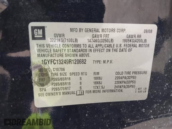 2009 Cadillac Escalade with VIN 1GYFC13249R120682, listed as a IAAI auction lot 42379255 with 151,358 mi miles and . Bid and sale history available at DreamBid. Image 9.