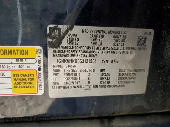 2016 Chevrolet Traverse LT with VIN 1GNKVHKD0GJ121504, listed as a Copart auction lot 90020745 with Not provided miles and Salvage title. Bid and sale history available at DreamBid. Image 13.