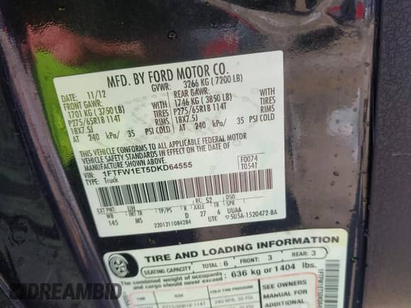 2013 Ford F-150 XL с VIN 1FTFW1ET5DKD64555, выставлен на аукционе IAAI как лот 42898698 с пробегом 275 474 миль миль и . История ставок и продаж доступна на DreamBid. Изображение 9.