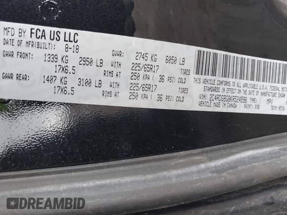 2019 Dodge Grand Caravan SE z VIN 2C4RDGBG8KR524598, wystawiony jako IAAI lot #41904137 z przebiegiem 108 308 mil mil oraz . Historia ofert i sprzedaży dostępna na DreamBid. Obrazek 9.