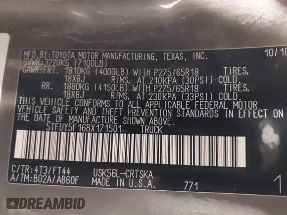 2011 Toyota Tundra с VIN 5TFUY5F16BX171501, выставлен на аукционе IAAI как лот 42282175 с пробегом 281 311 миль миль и . История ставок и продаж доступна на DreamBid. Изображение 9.