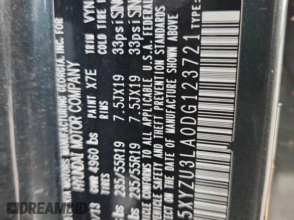 2013 Hyundai Santa Fe Sport with VIN 5XYZU3LA0DG123721, listed as a Copart auction lot 67455325 with Not provided miles and Clean title. Bid and sale history available at DreamBid. Image 13.