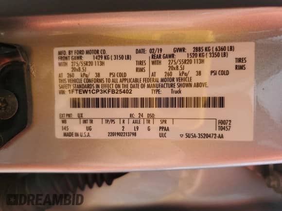 2019 Ford F-150 XL с VIN 1FTEW1CP3KFB25402, выставлен на аукционе Copart как лот 71768655 с пробегом 60 116 миль миль и Списание • Salvage title. История ставок и продаж доступна на DreamBid. Изображение 13.