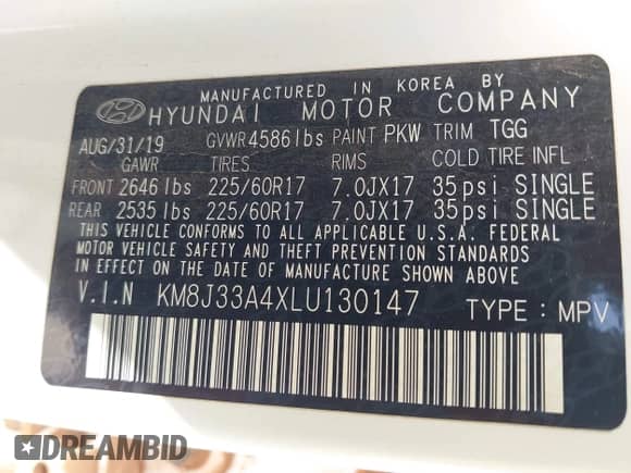 2020 Hyundai Tucson Value with VIN KM8J33A4XLU130147, listed as a IAAI auction lot 42717601 with 130,168 mi miles and . Bid and sale history available at DreamBid. Image 9.