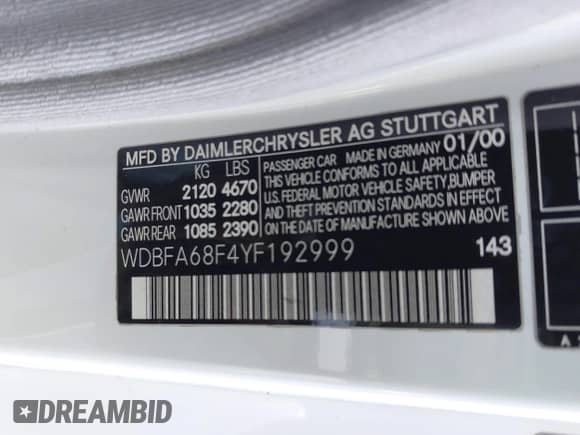 2000 Mercedes-Benz SL 500 с VIN WDBFA68F4YF192999, выставлен на аукционе IAAI как лот 42455495 с пробегом 158 067 миль миль и . История ставок и продаж доступна на DreamBid. Изображение 9.