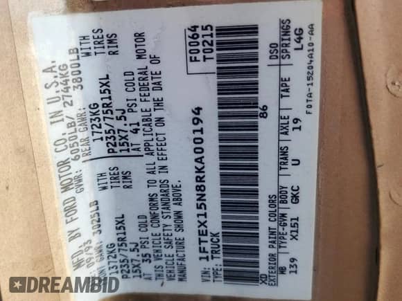 1994 Ford F-150 с VIN 1FTEX15N8RKA00194, выставлен на аукционе Copart как лот 46473255 с пробегом 135 663 миль миль и Списание • Salvage title. История ставок и продаж доступна на DreamBid. Изображение 14.