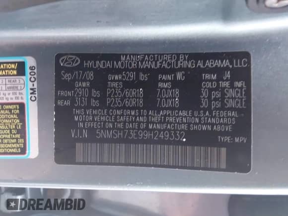 2009 Hyundai Santa Fe Limited с VIN 5NMSH73E99H249332, выставлен на аукционе IAAI как лот 43227727 с пробегом 177 183 миль миль и . История ставок и продаж доступна на DreamBid. Изображение 9.