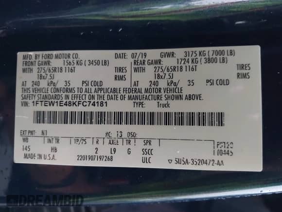 2019 Ford F-150 King Ranch z VIN 1FTEW1E48KFC74181, wystawiony jako IAAI lot #43253246 z przebiegiem 119 081 mil mil oraz . Historia ofert i sprzedaży dostępna na DreamBid. Obrazek 9.