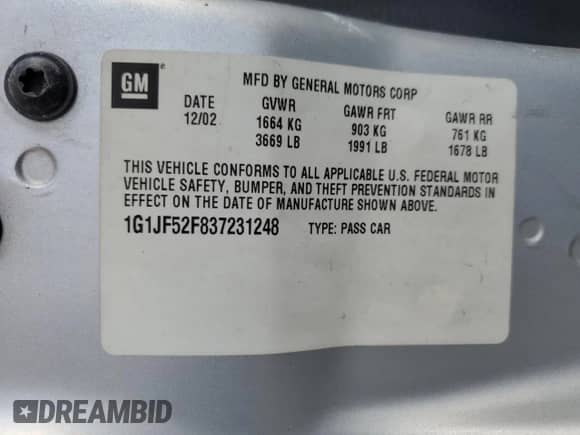 2003 Chevrolet Cavalier LS с VIN 1G1JF52F837231248, выставлен на аукционе Copart как лот 87741125 с пробегом 265 556 миль миль и Списание • Salvage title. История ставок и продаж доступна на DreamBid. Изображение 12.