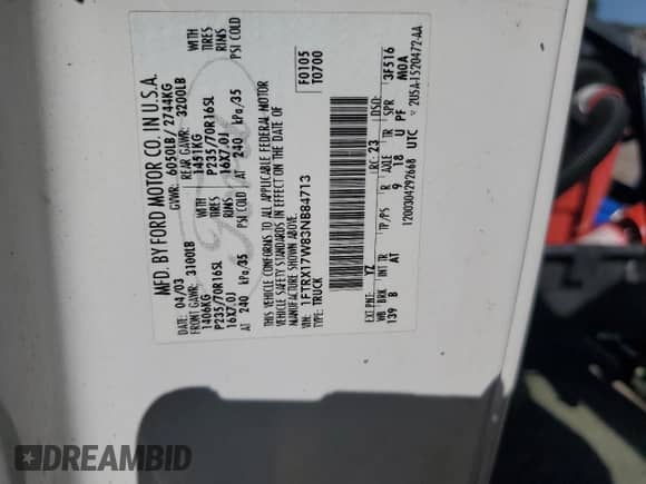 2003 Ford F-150 XL with VIN 1FTRX17W83NB84713, listed as a Copart auction lot 85822005 with 192,072 mi miles and Clean title. Bid and sale history available at DreamBid. Image 13.