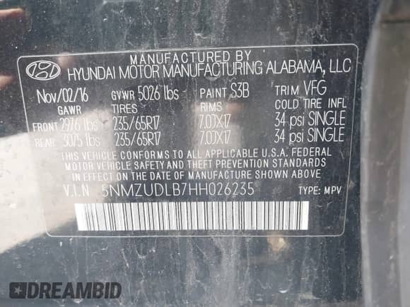 2017 Hyundai Santa Fe 2.4L z VIN 5NMZUDLB7HH026235, wystawiony jako IAAI lot #43274545 z przebiegiem 95 975 mil mil oraz . Historia ofert i sprzedaży dostępna na DreamBid. Obrazek 9.