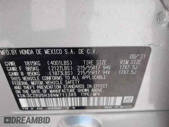 2022 Honda HR-V LX with VIN 3CZRU5H38NM711385, listed as a IAAI auction lot 42606153 with 29,573 mi miles and . Bid and sale history available at DreamBid. Image 9.