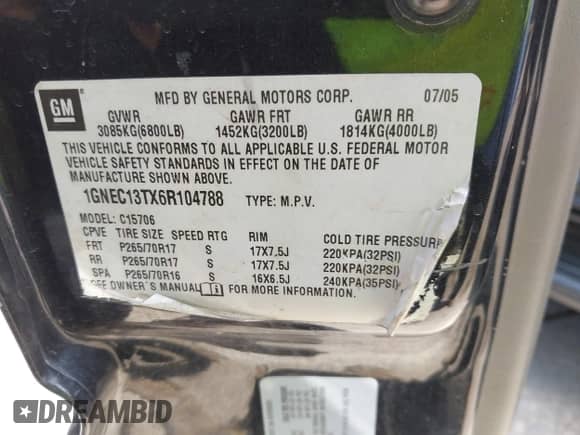 2006 Chevrolet Tahoe Z71 z VIN 1GNEC13TX6R104788, wystawiony jako IAAI lot #42684004 z przebiegiem 276 630 mil mil oraz . Historia ofert i sprzedaży dostępna na DreamBid. Obrazek 9.