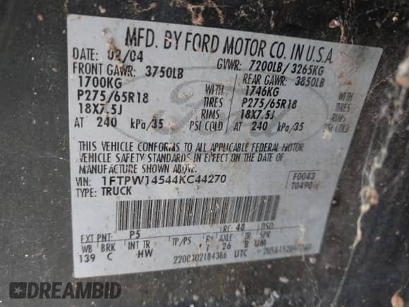 2004 Ford F-150 XLT with VIN 1FTPW14544KC44270, listed as a IAAI auction lot 43518313 with 183,326 mi miles and . Bid and sale history available at DreamBid. Image 9.