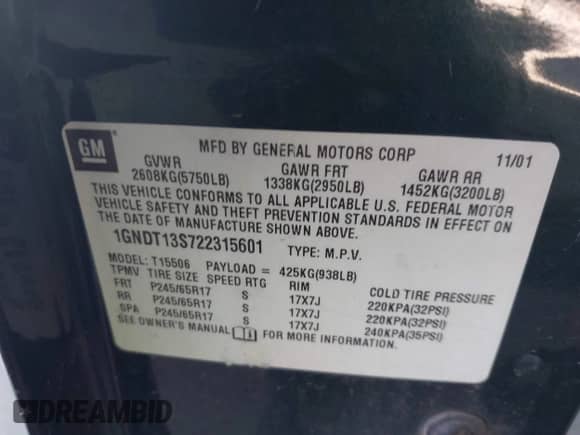 2002 Chevrolet TrailBlazer LS z VIN 1GNDT13S722315601, wystawiony jako IAAI lot #42715890 z przebiegiem 175 016 mil mil oraz . Historia ofert i sprzedaży dostępna na DreamBid. Obrazek 9.