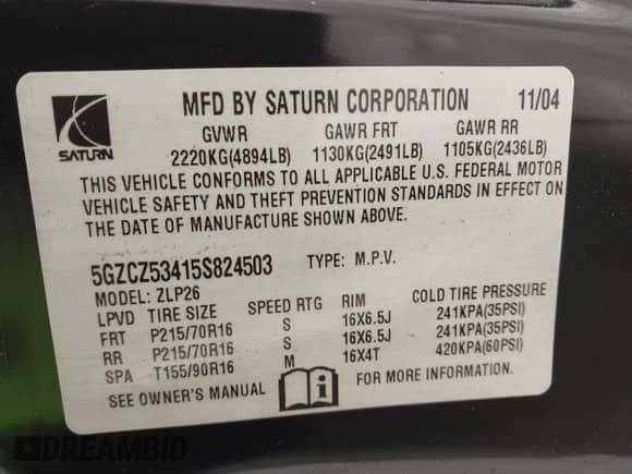 2005 Saturn VUE with VIN 5GZCZ53415S824503, listed as a IAAI auction lot 41907616 with 208,709 mi miles and . Bid and sale history available at DreamBid. Image 9.