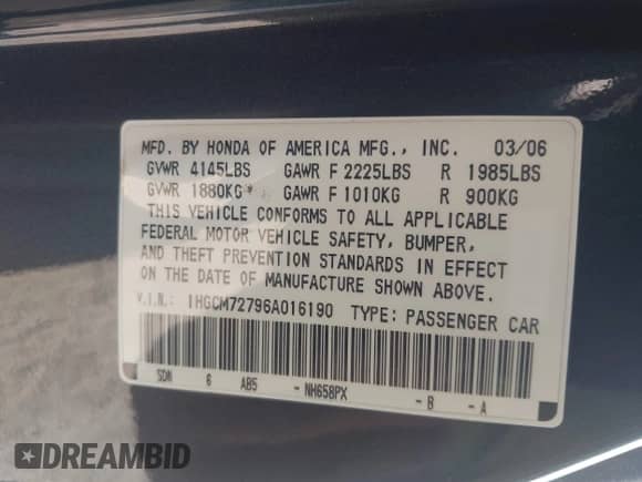 2006 Honda Accord EX with VIN 1HGCM72796A016190, listed as a IAAI auction lot 43181079 with 240,958 mi miles and . Bid and sale history available at DreamBid. Image 9.