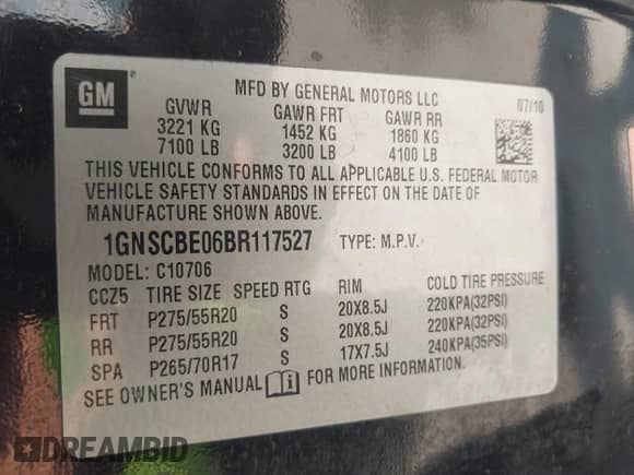 2011 Chevrolet Tahoe LT с VIN 1GNSCBE06BR117527, выставлен на аукционе IAAI как лот 42889414 с пробегом 337 710 миль миль и . История ставок и продаж доступна на DreamBid. Изображение 9.