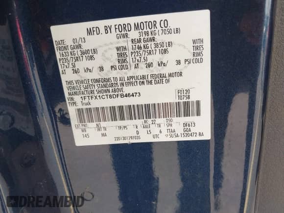 2013 Ford F-150 XL z VIN 1FTFX1CT8DFB46473, wystawiony jako IAAI lot #43378371 z przebiegiem 223 253 mil mil oraz . Historia ofert i sprzedaży dostępna na DreamBid. Obrazek 9.