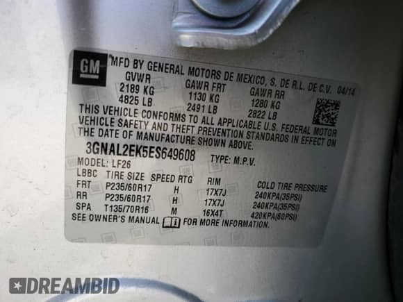 2014 Chevrolet Captiva Sport LS with VIN 3GNAL2EK5ES649608, listed as a Copart auction lot 68371805 with 68,408 mi miles and Salvage title. Bid and sale history available at DreamBid. Image 13.