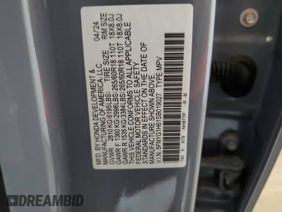 2025 Honda Pilot TrailSport with VIN 5FNYG1H61SB019027, listed as a Copart auction lot 66737735 with 11,721 mi miles and Salvage title. Bid and sale history available at DreamBid. Image 14.