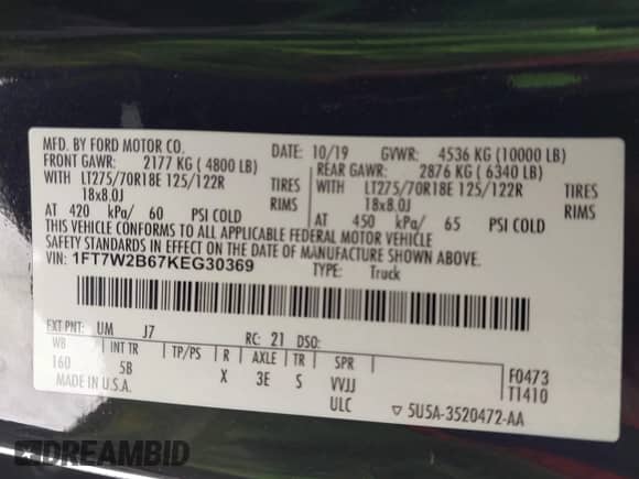 2019 Ford F-250 XL z VIN 1FT7W2B67KEG30369, wystawiony jako IAAI lot #41646594 z przebiegiem 72 734 mil mil oraz . Historia ofert i sprzedaży dostępna na DreamBid. Obrazek 9.