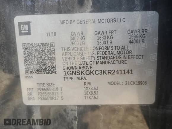 2019 Chevrolet Suburban LS с VIN 1GNSKGKC3KR241141, выставлен на аукционе Copart как лот 52169965 с пробегом 62 266 миль миль и Списание • Salvage title. История ставок и продаж доступна на DreamBid. Изображение 13.