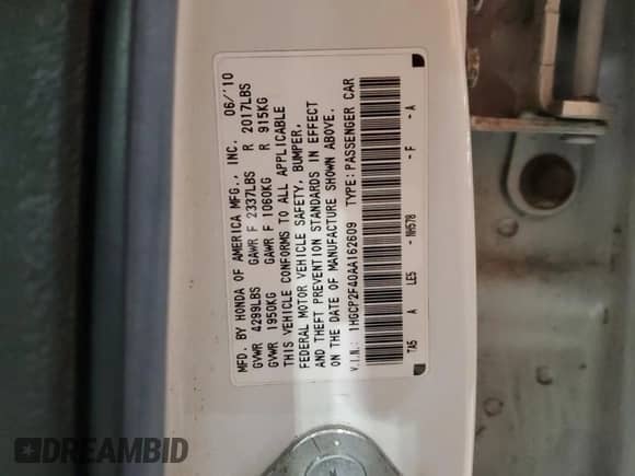 2010 Honda Accord LX-P with VIN 1HGCP2F40AA162609, listed as a Copart auction lot 89443455 with 151,125 mi miles and Clean title. Bid and sale history available at DreamBid. Image 12.