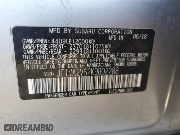 2019 Subaru WRX STI Limited with VIN JF1VA2V62K9802288, listed as a Copart auction lot 85985794 with 93,372 mi miles and Salvage title. Bid and sale history available at DreamBid. Image 12.