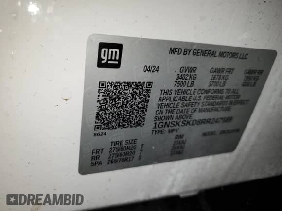 2024 Chevrolet Tahoe Premier с VIN 1GNSKSKD8RR247989, выставлен на аукционе Copart как лот 86144094 с пробегом 9 547 миль миль и Списание • Salvage title. История ставок и продаж доступна на DreamBid. Изображение 15.