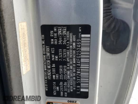 2015 Hyundai Santa Fe с VIN 5XYZW4LA4FG253469, выставлен на аукционе Copart как лот 70493095 с пробегом Не указан миль и Списание • Salvage title. История ставок и продаж доступна на DreamBid. Изображение 13.