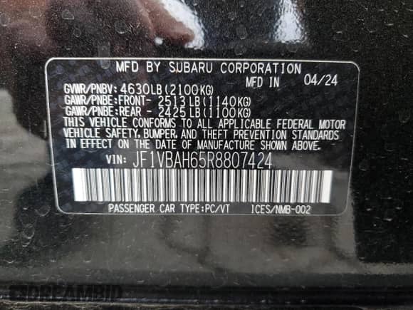 2024 Subaru WRX Premium with VIN JF1VBAH65R8807424, listed as a Copart auction lot 80977064 with 5,790 mi miles and Salvage title. Bid and sale history available at DreamBid. Image 13.