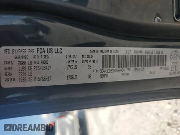 2017 Jeep Compass Trailhawk with VIN 3C4NJDDB3HT630454, listed as a Copart auction lot 63787745 with 166,709 mi miles and Clean title. Bid and sale history available at DreamBid. Image 13.