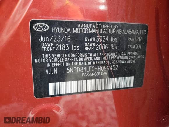 2017 Hyundai Elantra SE with VIN 5NPD84LF0HH099452, listed as a Copart auction lot 85324125 with 69,026 mi miles and Salvage title. Bid and sale history available at DreamBid. Image 12.