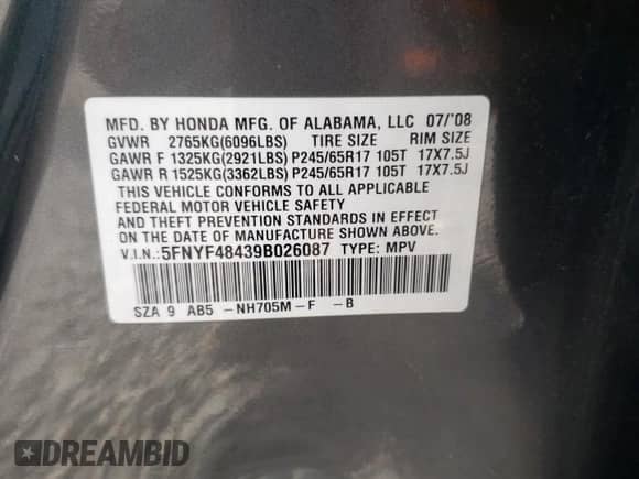 2009 Honda Pilot EX with VIN 5FNYF48439B026087, listed as a Copart auction lot 80118055 with 258,076 mi miles and Clean title. Bid and sale history available at DreamBid. Image 13.