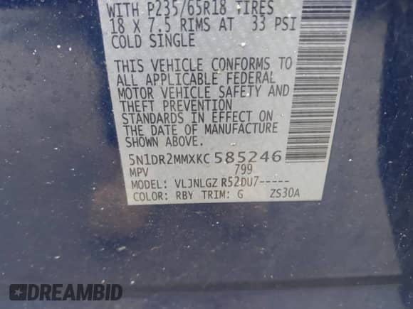 2019 Nissan Pathfinder SV with VIN 5N1DR2MMXKC585246, listed as a IAAI auction lot 42027197 with 124,181 mi miles and . Bid and sale history available at DreamBid. Image 9.