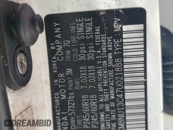 2007 Hyundai Veracruz GLS with VIN KM8NU13C47U021888, listed as a Copart auction lot 69266315 with Not provided miles and Non repairable. Bid and sale history available at DreamBid. Image 13.