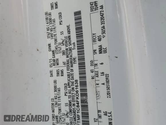 2015 Ford F-150 XL z VIN 1FTMF1C84FKD61638, wystawiony jako Copart lot #66534645 z przebiegiem 199 463 mil mil oraz Szkoda całkowita • Salvage title. Historia ofert i sprzedaży dostępna na DreamBid. Obrazek 12.