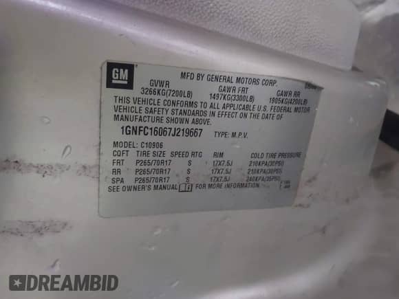 2007 Chevrolet Suburban LS with VIN 1GNFC16067J219667, listed as a IAAI auction lot 41900333 with Not provided miles and . Bid and sale history available at DreamBid. Image 9.